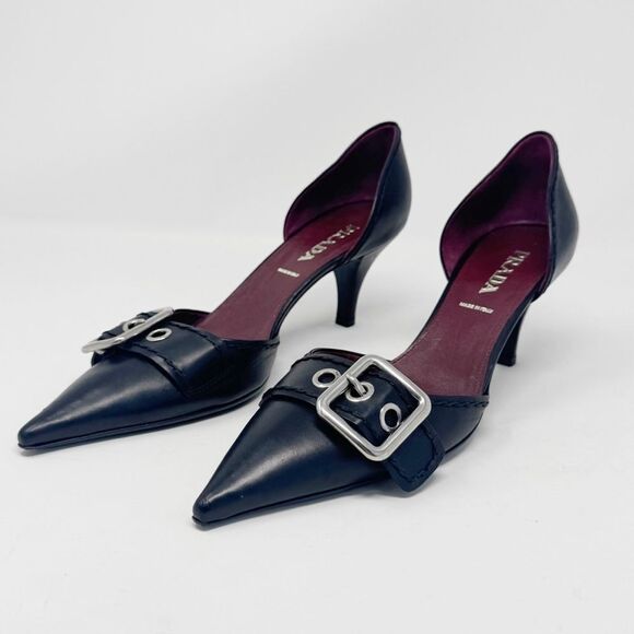 PRADA | Black Leather Heels with Silver Buckle D’Orsay Pumps Women’s Size 39 - Picture 4 of 12